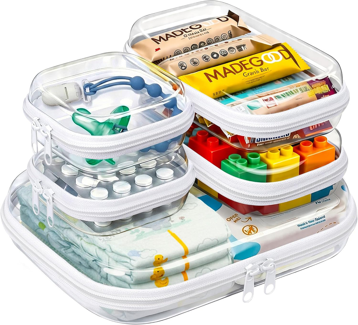 5 Pack Diaper Bag Organizer Pouches, Clear Hard Shell Zipper Cases for Baby Travel Essentials, Waterproof Storage Box for Pacifier Snacks Toys Wipes Clothes, Makeup Bag, Lego Toy Storage, Toiletry Bag