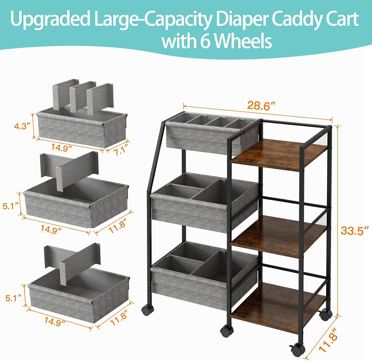 Rolling Nursery Diaper Caddy Organizer Cart, 3-Tier with Dividers