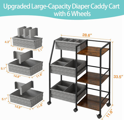 Rolling Nursery Diaper Caddy Organizer Cart, 3-Tier with Dividers