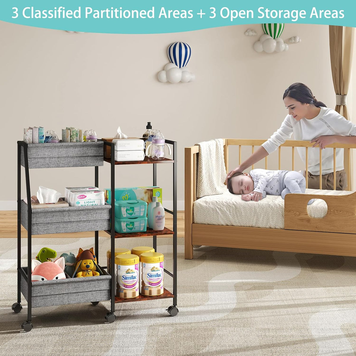 Rolling Nursery Diaper Caddy Organizer Cart, 3-Tier with Dividers