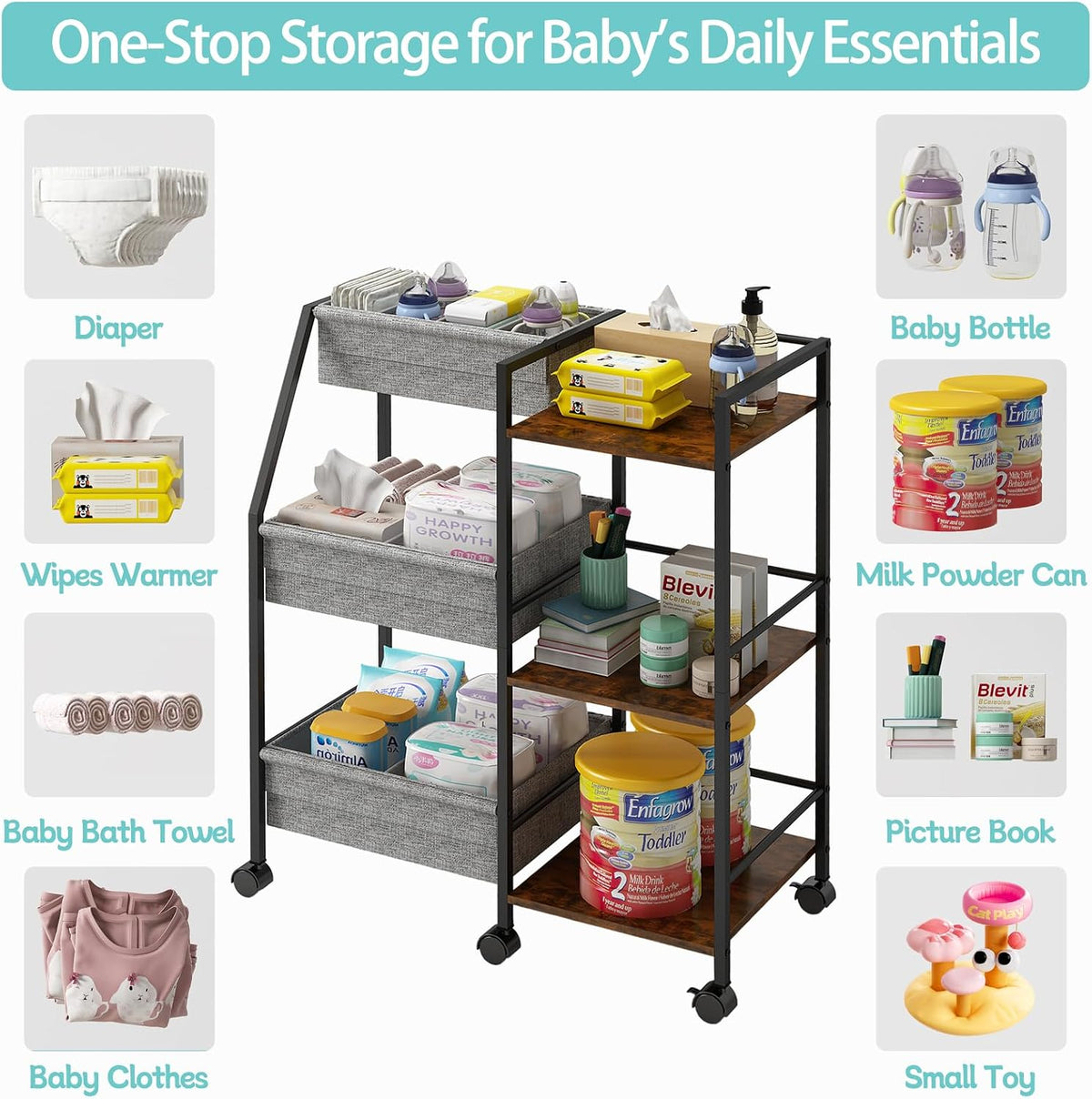 Rolling Nursery Diaper Caddy Organizer Cart, 3-Tier with Dividers