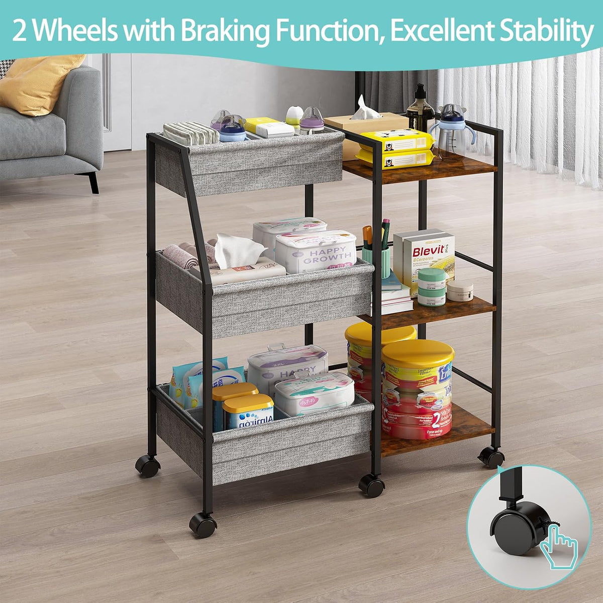 Rolling Nursery Diaper Caddy Organizer Cart, 3-Tier with Dividers