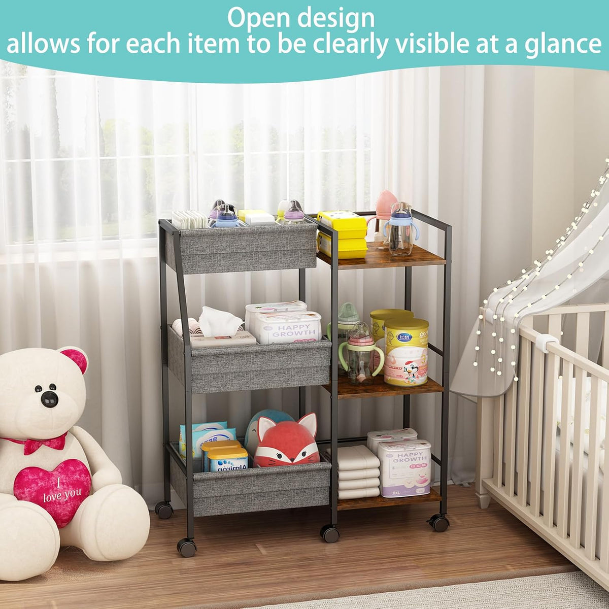 Rolling Nursery Diaper Caddy Organizer Cart, 3-Tier with Dividers