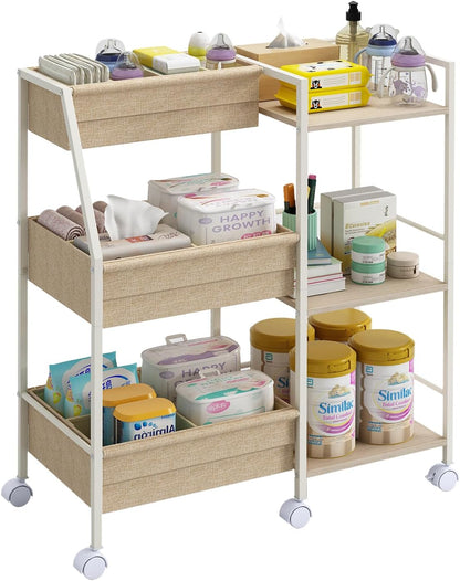 Rolling Nursery Diaper Caddy Organizer Cart, 3-Tier with Dividers
