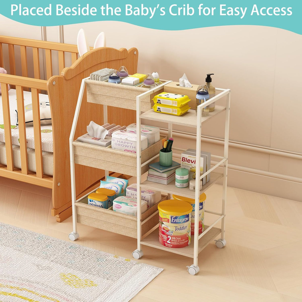Rolling Nursery Diaper Caddy Organizer Cart, 3-Tier with Dividers