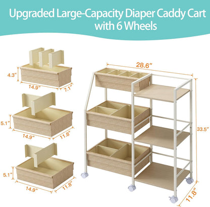 Rolling Nursery Diaper Caddy Organizer Cart, 3-Tier with Dividers