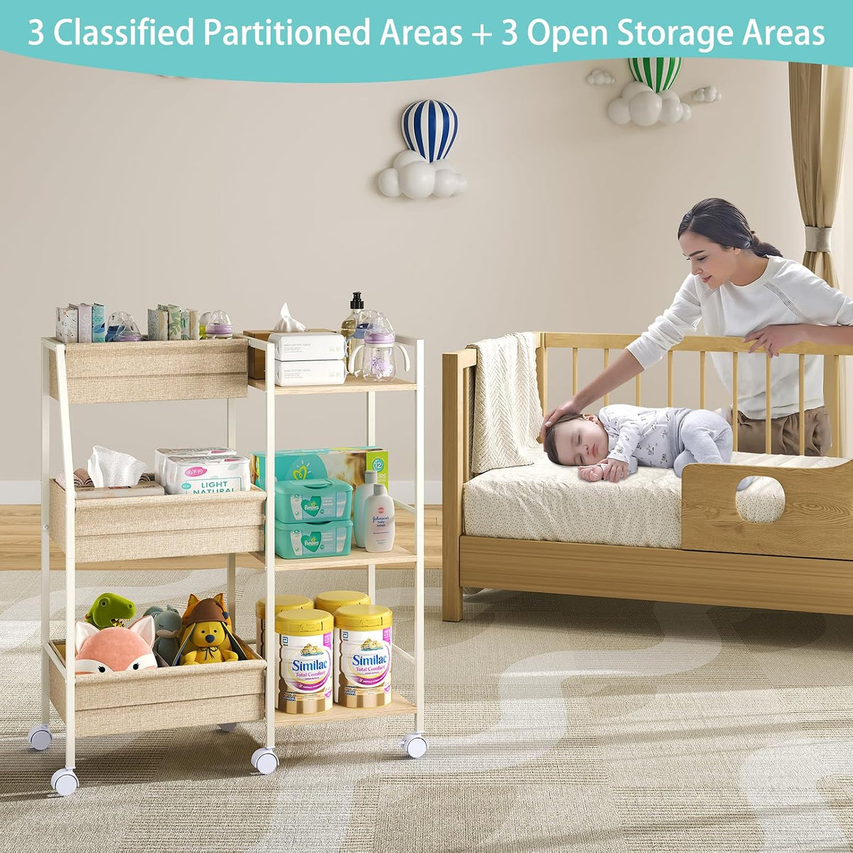 Rolling Nursery Diaper Caddy Organizer Cart, 3-Tier with Dividers