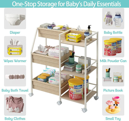 Rolling Nursery Diaper Caddy Organizer Cart, 3-Tier with Dividers