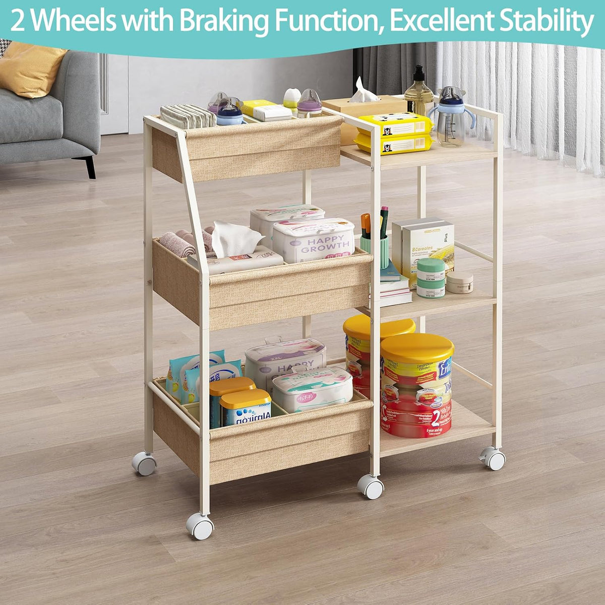 Rolling Nursery Diaper Caddy Organizer Cart, 3-Tier with Dividers