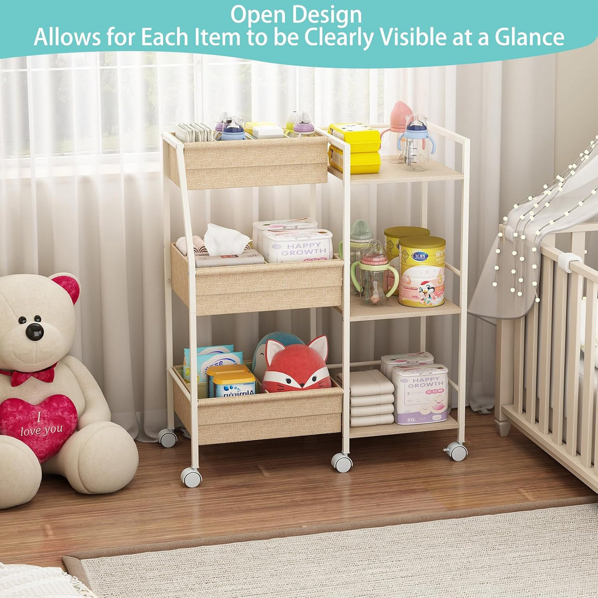 Rolling Nursery Diaper Caddy Organizer Cart, 3-Tier with Dividers