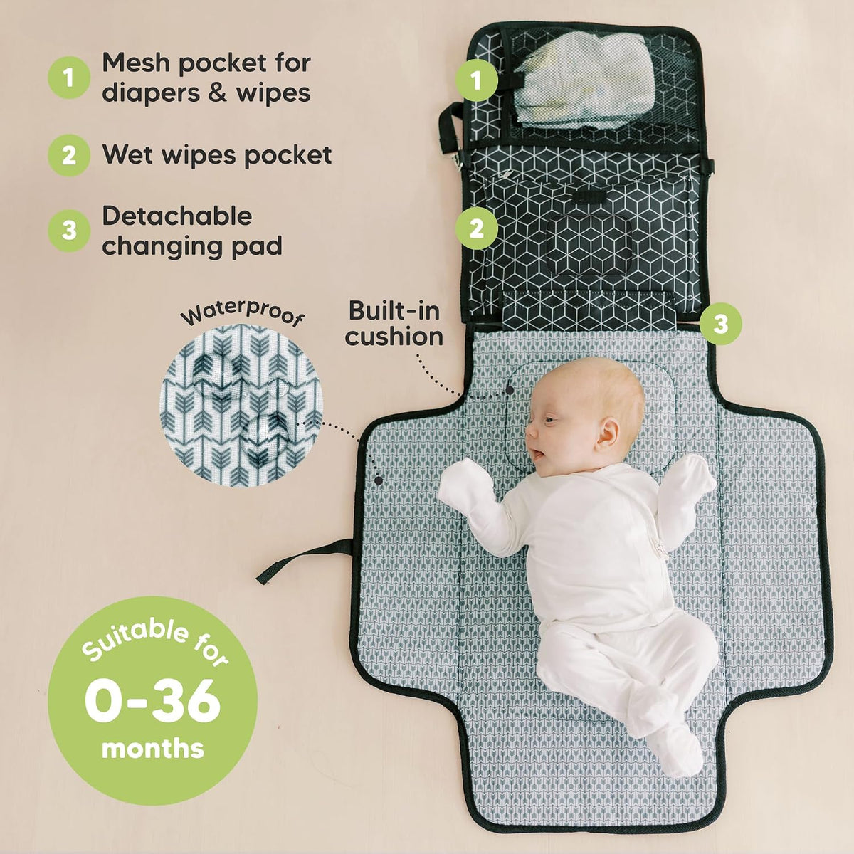 Portable Diaper Changing Pad, Wipeable Baby Changing Mat (Acacia)