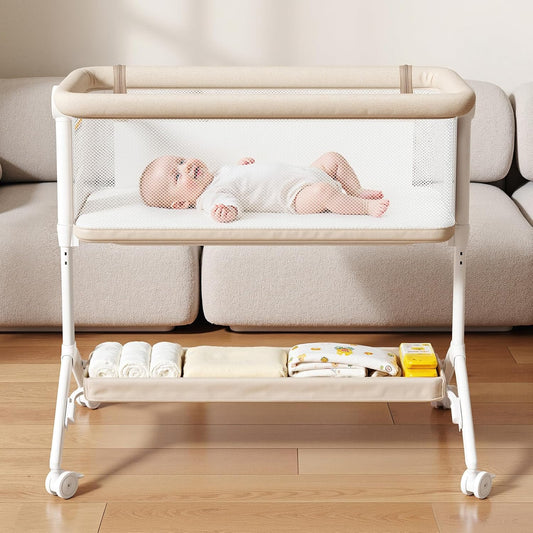 Baby Bassinet Bedside Sleeper, All-Mesh, 5 Heights, Locking Wheels（Beige）