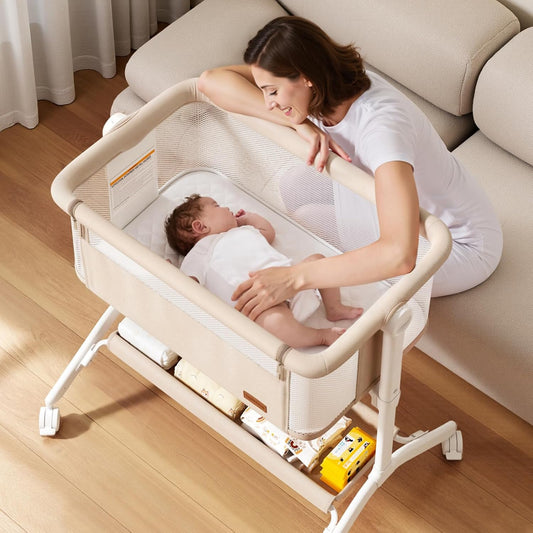 Baby Bassinet Bedside Sleeper, All-Mesh, 5 Heights, Locking Wheels（Beige）
