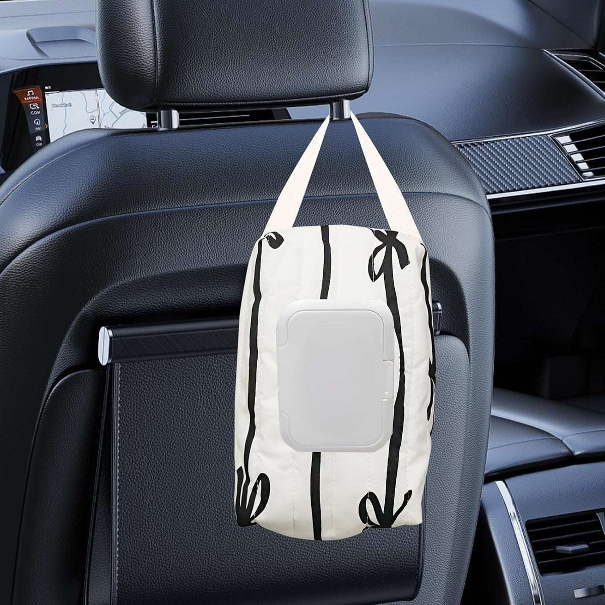 Bow Baby Wipes Dispenser - Portable Wet Tissue Storage Bag for Travel, Refillable Diaper Wipe Holder for Car and Stroller – Reusable Hanging Wet Wipe Pouch (Black-White)