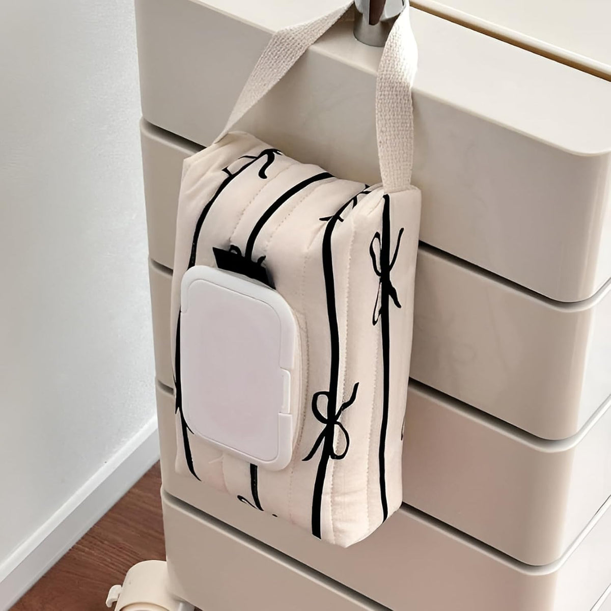 Bow Baby Wipes Dispenser - Portable Wet Tissue Storage Bag for Travel, Refillable Diaper Wipe Holder for Car and Stroller – Reusable Hanging Wet Wipe Pouch (Black-White)