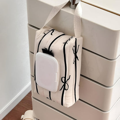 Bow Baby Wipes Dispenser - Portable Wet Tissue Storage Bag for Travel, Refillable Diaper Wipe Holder for Car and Stroller – Reusable Hanging Wet Wipe Pouch (Black-White)