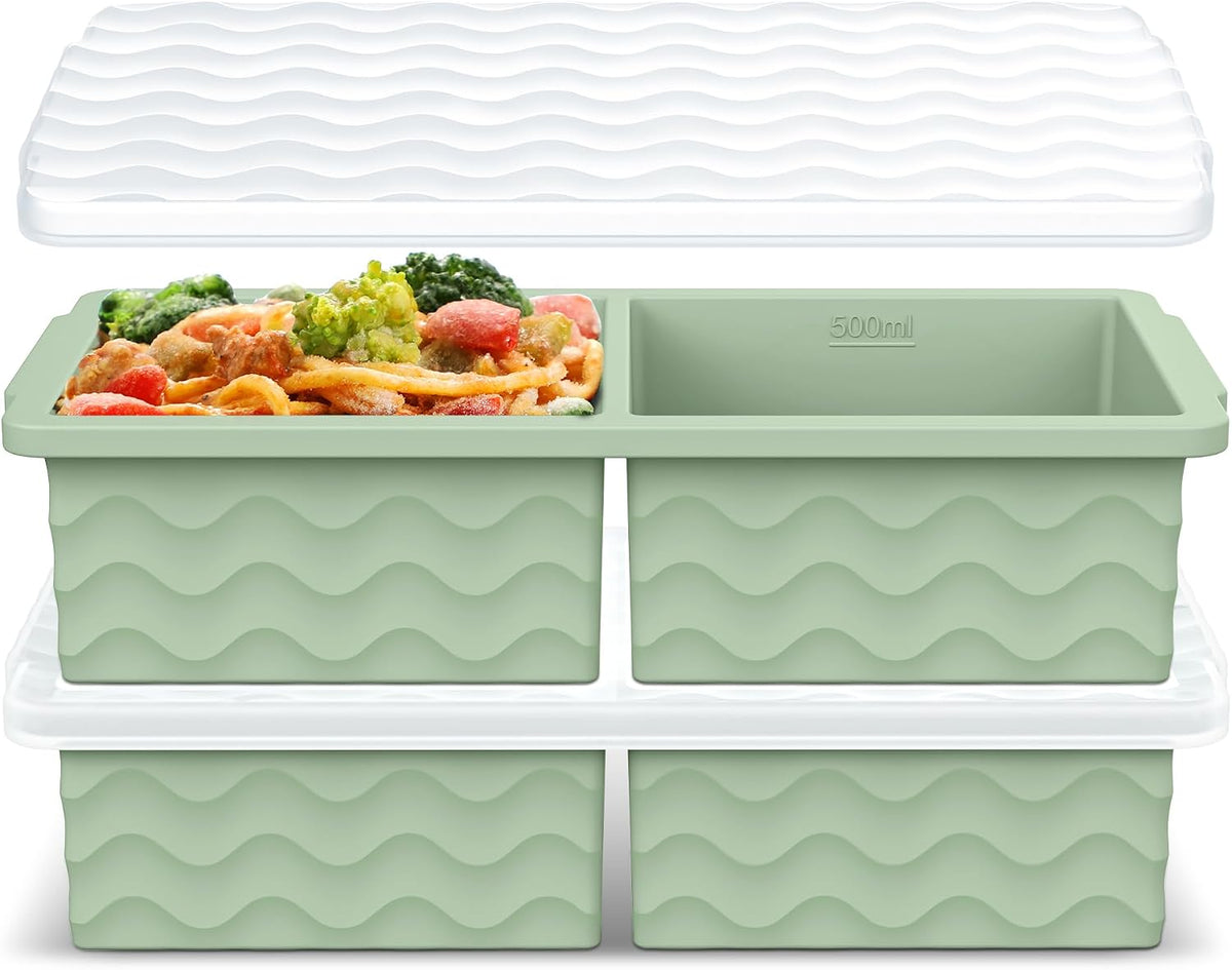 Silicone Freezer Tray with Lid – 2-Cup Soup Freezer Container Molds, Large Ice Cube Trays for Freezing Soup, Sauce & Broth, Meal Prep & Food Storage – Oven & Dishwasher Safe, 2-Pack