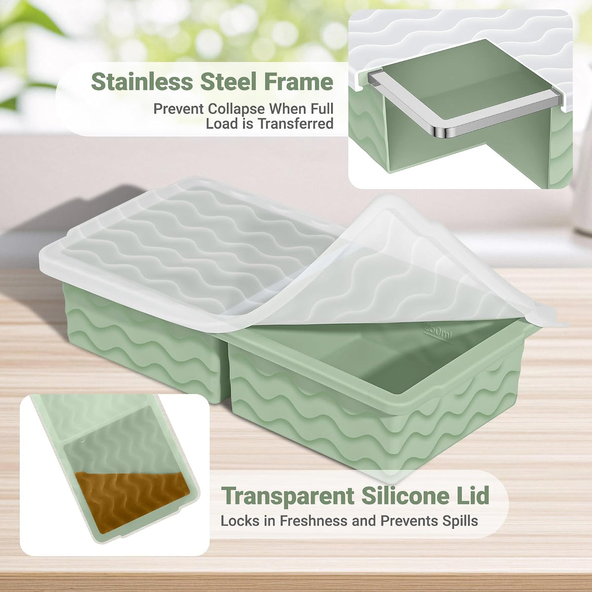 Silicone Freezer Tray with Lid – 2-Cup Soup Freezer Container Molds, Large Ice Cube Trays for Freezing Soup, Sauce & Broth, Meal Prep & Food Storage – Oven & Dishwasher Safe, 2-Pack