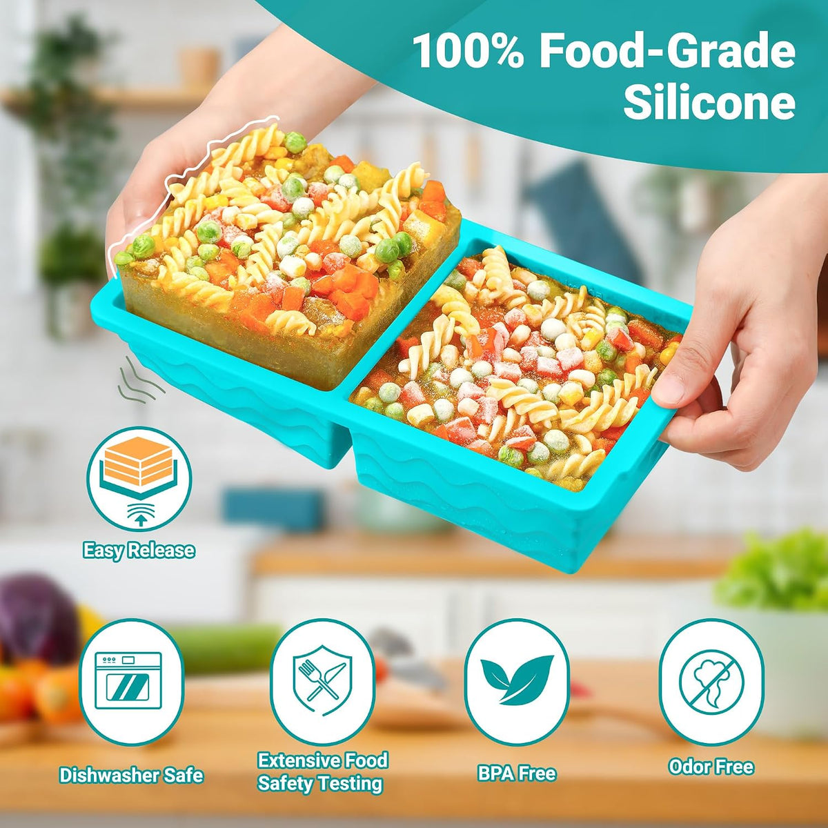 Silicone Freezer Tray with Lid – 2-Cup Soup Freezer Container Molds, Large Ice Cube Trays for Freezing Soup, Sauce & Broth, Meal Prep & Food Storage – Oven & Dishwasher Safe, 2-Pack