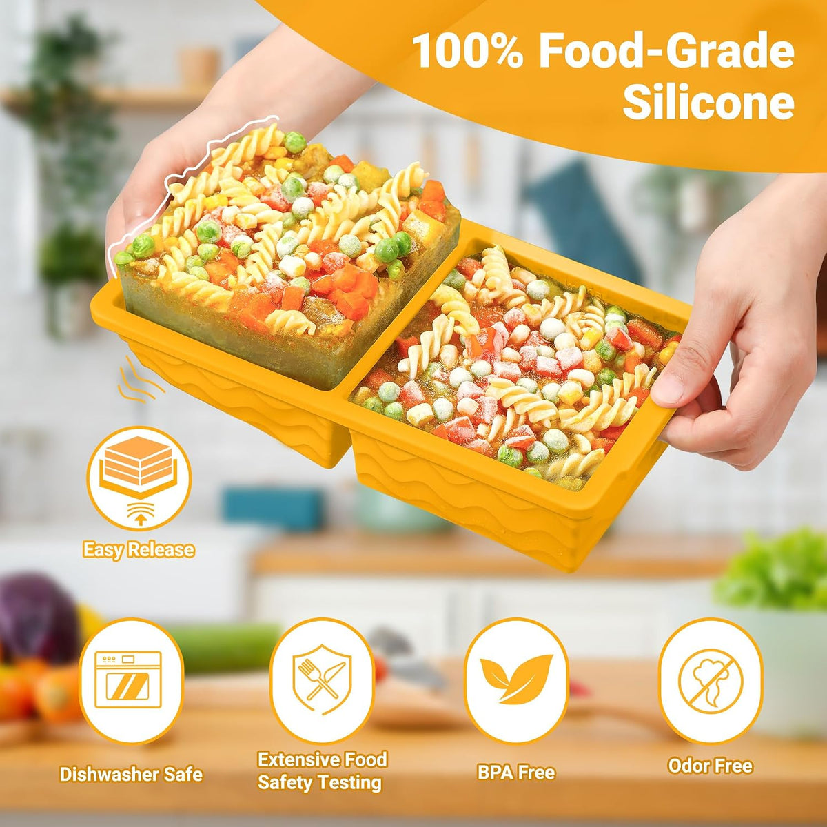 Silicone Freezer Tray with Lid – 2-Cup Soup Freezer Container Molds, Large Ice Cube Trays for Freezing Soup, Sauce & Broth, Meal Prep & Food Storage – Oven & Dishwasher Safe, 2-Pack