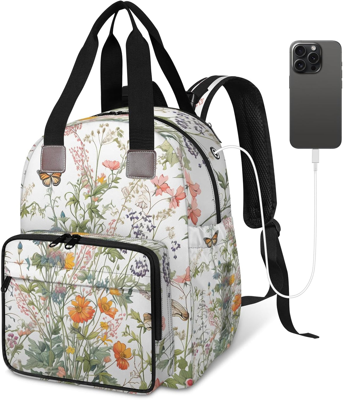 Flowers Leaf Green Diaper Bag Backpack for Travel, Waterproof Diaper Bag with Insulated Bottle Pockets & USB Port, Large Capacity Baby Bag for Moms & Dads