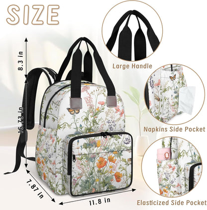 Flowers Leaf Green Diaper Bag Backpack for Travel, Waterproof Diaper Bag with Insulated Bottle Pockets & USB Port, Large Capacity Baby Bag for Moms & Dads