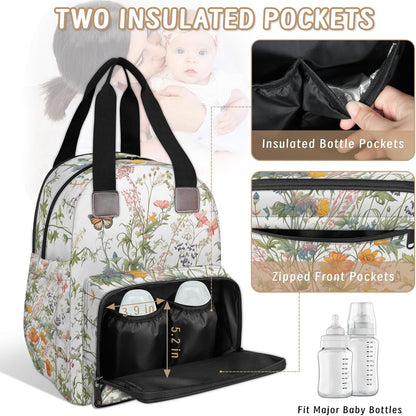 Flowers Leaf Green Diaper Bag Backpack for Travel, Waterproof Diaper Bag with Insulated Bottle Pockets & USB Port, Large Capacity Baby Bag for Moms & Dads