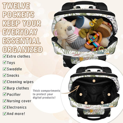 Flowers Leaf Green Diaper Bag Backpack for Travel, Waterproof Diaper Bag with Insulated Bottle Pockets & USB Port, Large Capacity Baby Bag for Moms & Dads