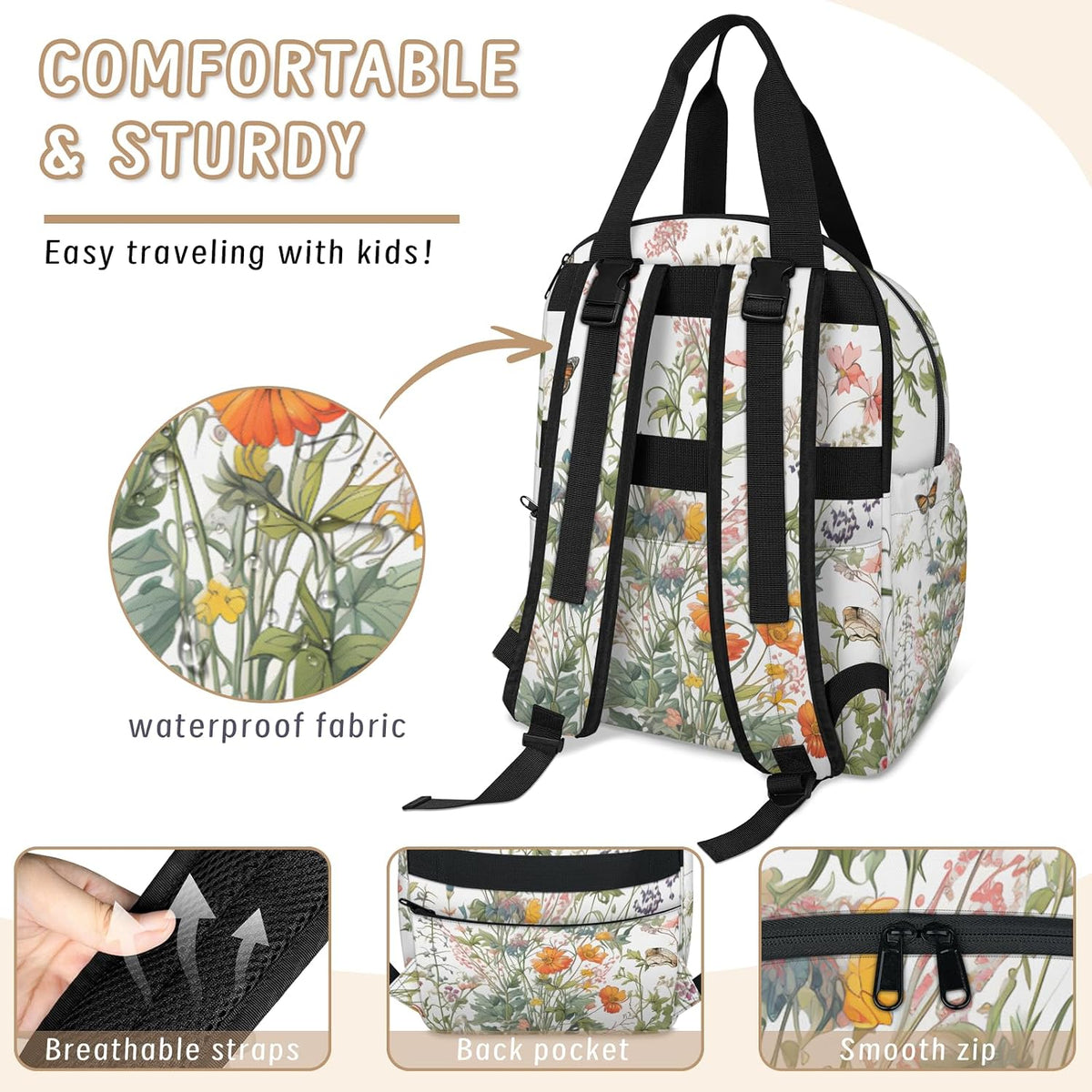 Flowers Leaf Green Diaper Bag Backpack for Travel, Waterproof Diaper Bag with Insulated Bottle Pockets & USB Port, Large Capacity Baby Bag for Moms & Dads