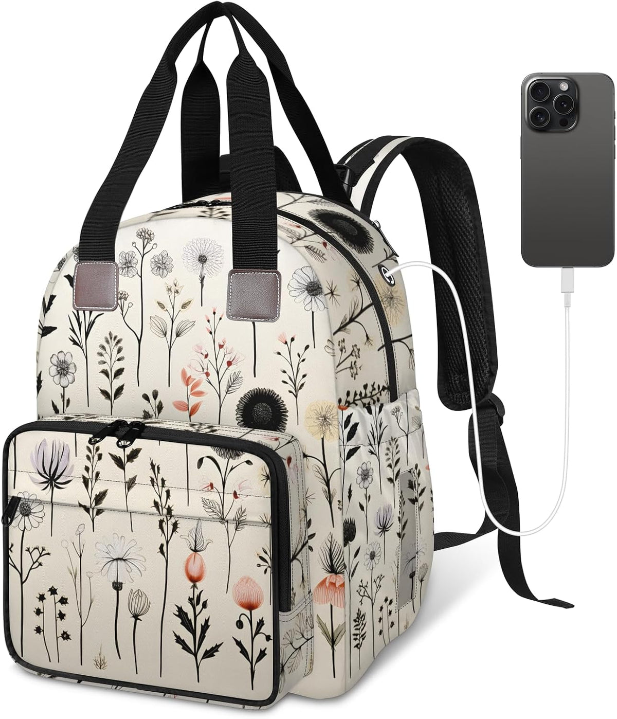 Flowers Leaf Green Diaper Bag Backpack for Travel, Waterproof Diaper Bag with Insulated Bottle Pockets & USB Port, Large Capacity Baby Bag for Moms & Dads