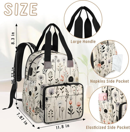 Flowers Leaf Green Diaper Bag Backpack for Travel, Waterproof Diaper Bag with Insulated Bottle Pockets & USB Port, Large Capacity Baby Bag for Moms & Dads