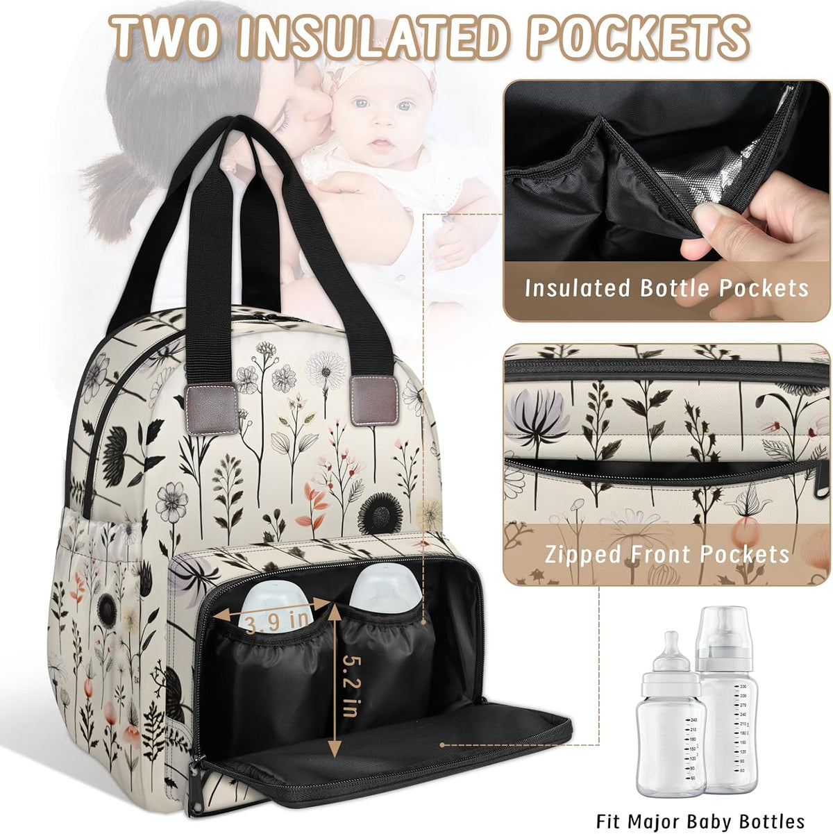 Flowers Leaf Green Diaper Bag Backpack for Travel, Waterproof Diaper Bag with Insulated Bottle Pockets & USB Port, Large Capacity Baby Bag for Moms & Dads