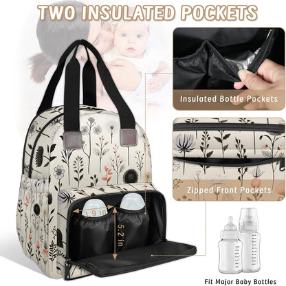 Flowers Leaf Green Diaper Bag Backpack for Travel, Waterproof Diaper Bag with Insulated Bottle Pockets & USB Port, Large Capacity Baby Bag for Moms & Dads