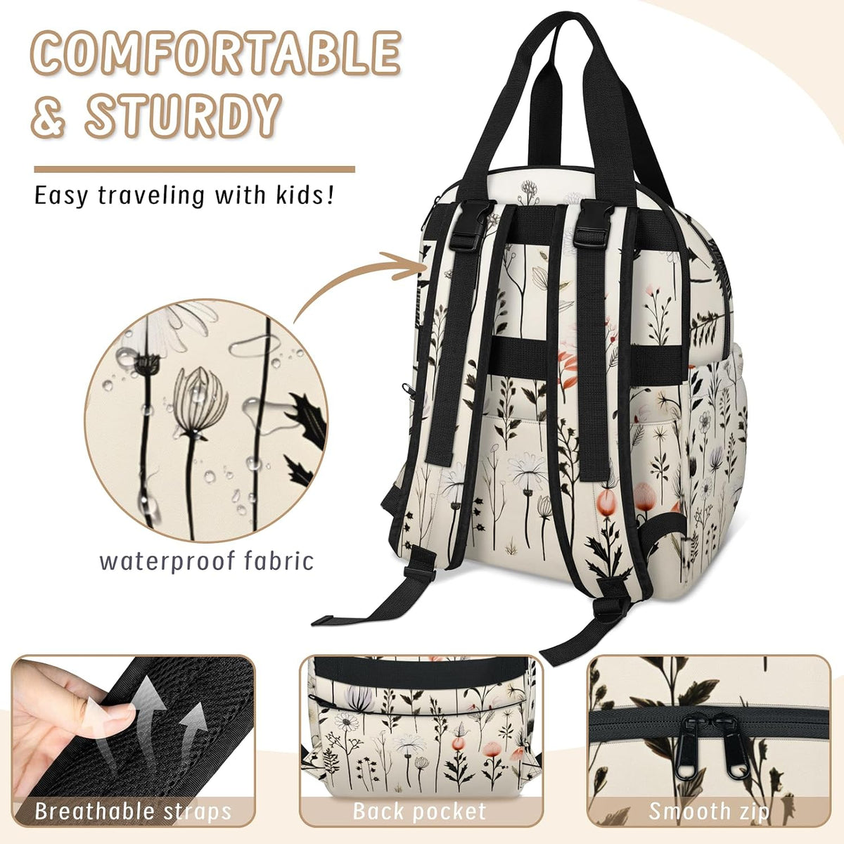 Flowers Leaf Green Diaper Bag Backpack for Travel, Waterproof Diaper Bag with Insulated Bottle Pockets & USB Port, Large Capacity Baby Bag for Moms & Dads