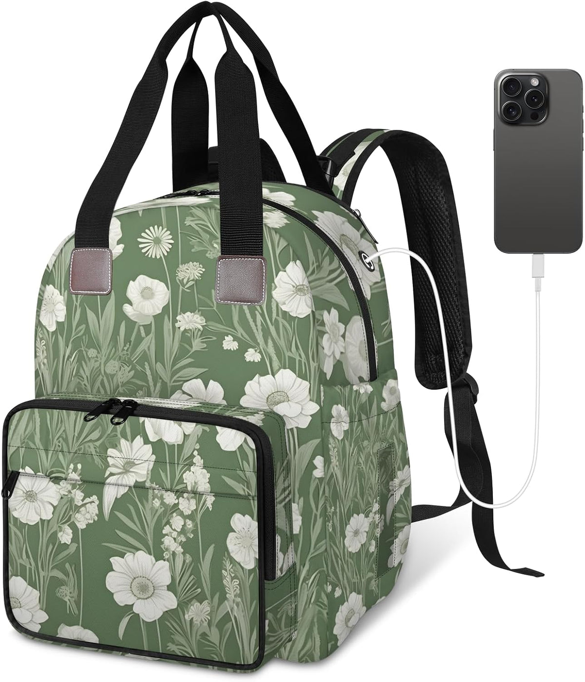Flowers Leaf Green Diaper Bag Backpack for Travel, Waterproof Diaper Bag with Insulated Bottle Pockets & USB Port, Large Capacity Baby Bag for Moms & Dads