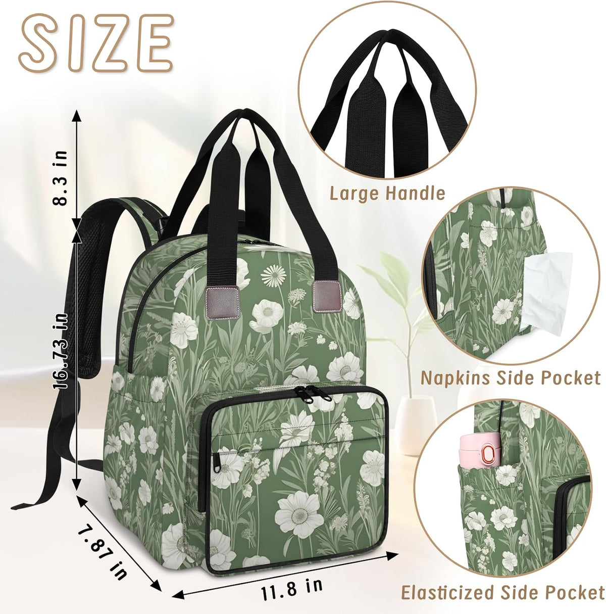 Flowers Leaf Green Diaper Bag Backpack for Travel, Waterproof Diaper Bag with Insulated Bottle Pockets & USB Port, Large Capacity Baby Bag for Moms & Dads