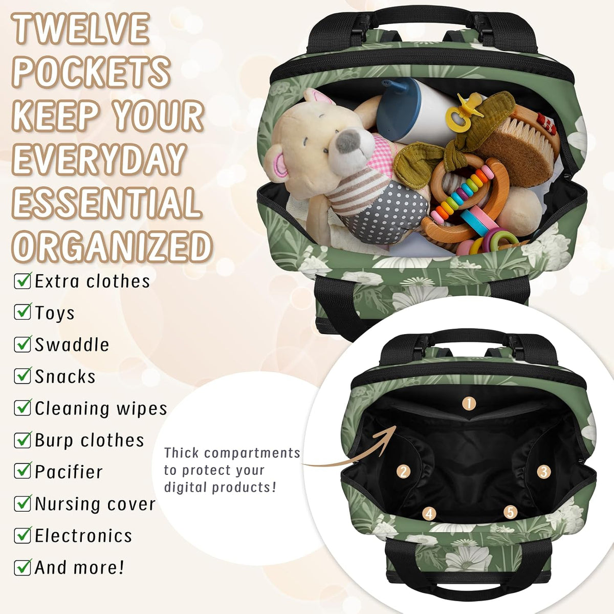 Flowers Leaf Green Diaper Bag Backpack for Travel, Waterproof Diaper Bag with Insulated Bottle Pockets & USB Port, Large Capacity Baby Bag for Moms & Dads