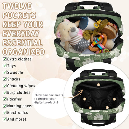 Flowers Leaf Green Diaper Bag Backpack for Travel, Waterproof Diaper Bag with Insulated Bottle Pockets & USB Port, Large Capacity Baby Bag for Moms & Dads