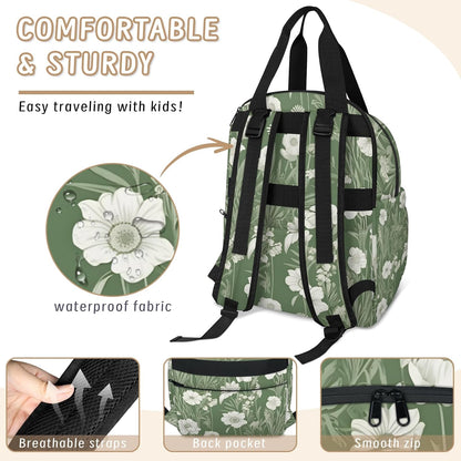 Flowers Leaf Green Diaper Bag Backpack for Travel, Waterproof Diaper Bag with Insulated Bottle Pockets & USB Port, Large Capacity Baby Bag for Moms & Dads