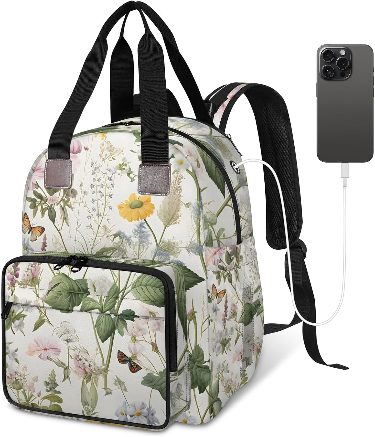 Flowers Leaf Green Diaper Bag Backpack for Travel, Waterproof Diaper Bag with Insulated Bottle Pockets & USB Port, Large Capacity Baby Bag for Moms & Dads