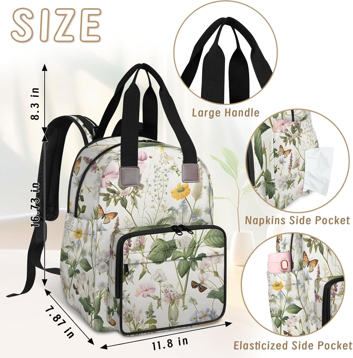 Flowers Leaf Green Diaper Bag Backpack for Travel, Waterproof Diaper Bag with Insulated Bottle Pockets & USB Port, Large Capacity Baby Bag for Moms & Dads