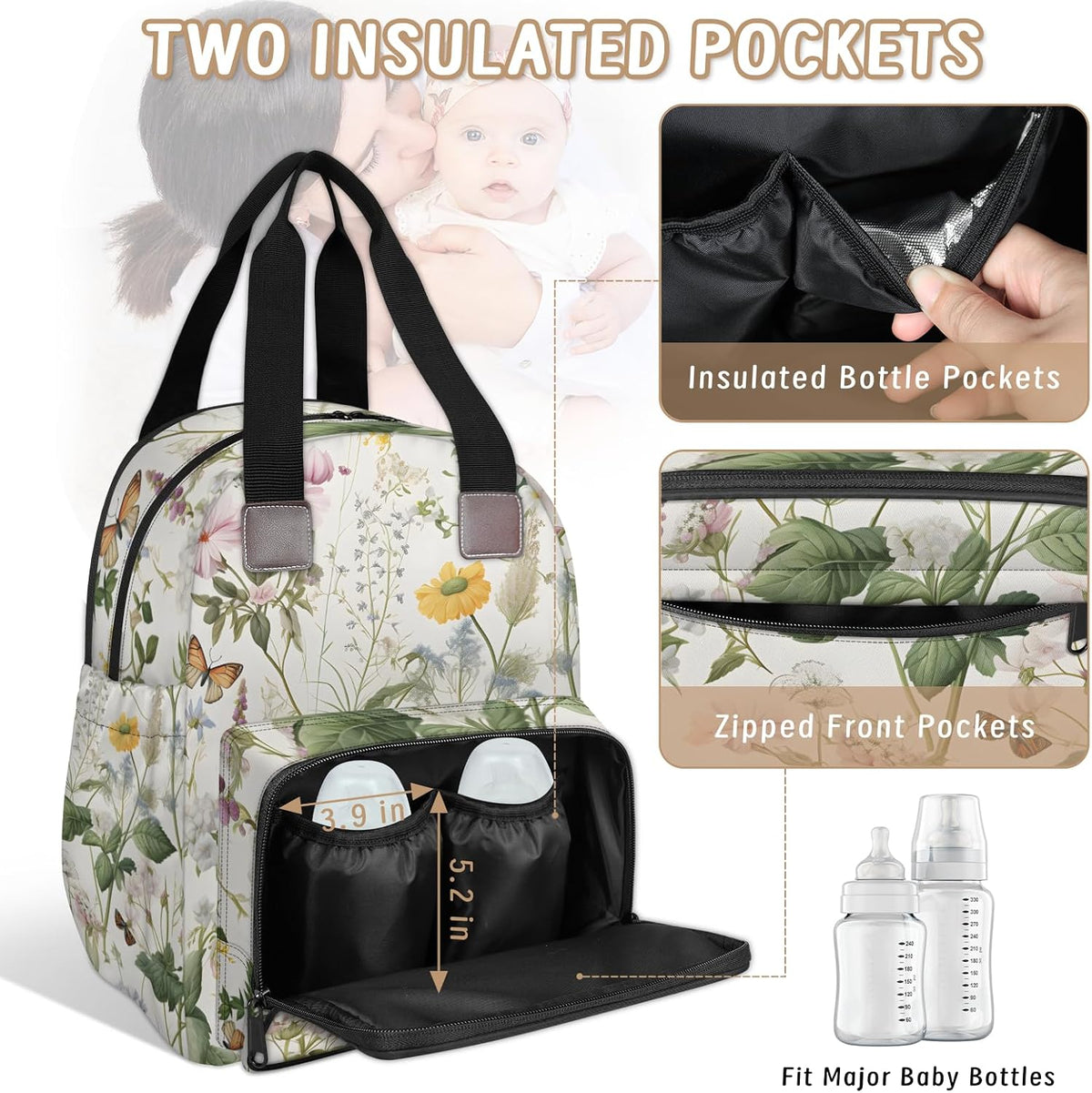 Flowers Leaf Green Diaper Bag Backpack for Travel, Waterproof Diaper Bag with Insulated Bottle Pockets & USB Port, Large Capacity Baby Bag for Moms & Dads