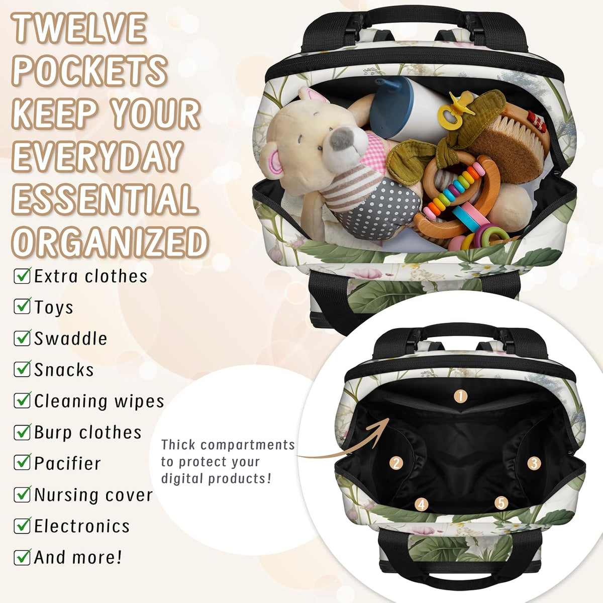 Flowers Leaf Green Diaper Bag Backpack for Travel, Waterproof Diaper Bag with Insulated Bottle Pockets & USB Port, Large Capacity Baby Bag for Moms & Dads