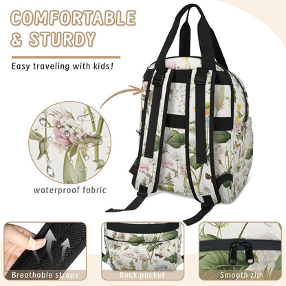 Flowers Leaf Green Diaper Bag Backpack for Travel, Waterproof Diaper Bag with Insulated Bottle Pockets & USB Port, Large Capacity Baby Bag for Moms & Dads