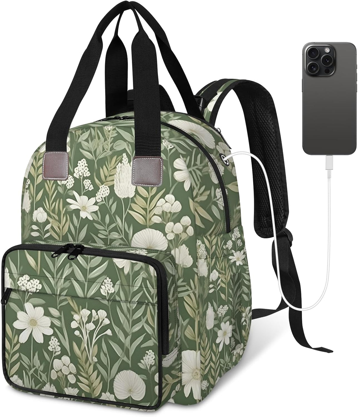 Flowers Leaf Green Diaper Bag Backpack for Travel, Waterproof Diaper Bag with Insulated Bottle Pockets & USB Port, Large Capacity Baby Bag for Moms & Dads