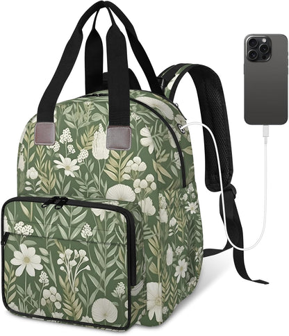 Flowers Leaf Green Diaper Bag Backpack for Travel, Waterproof Diaper Bag with Insulated Bottle Pockets & USB Port, Large Capacity Baby Bag for Moms & Dads