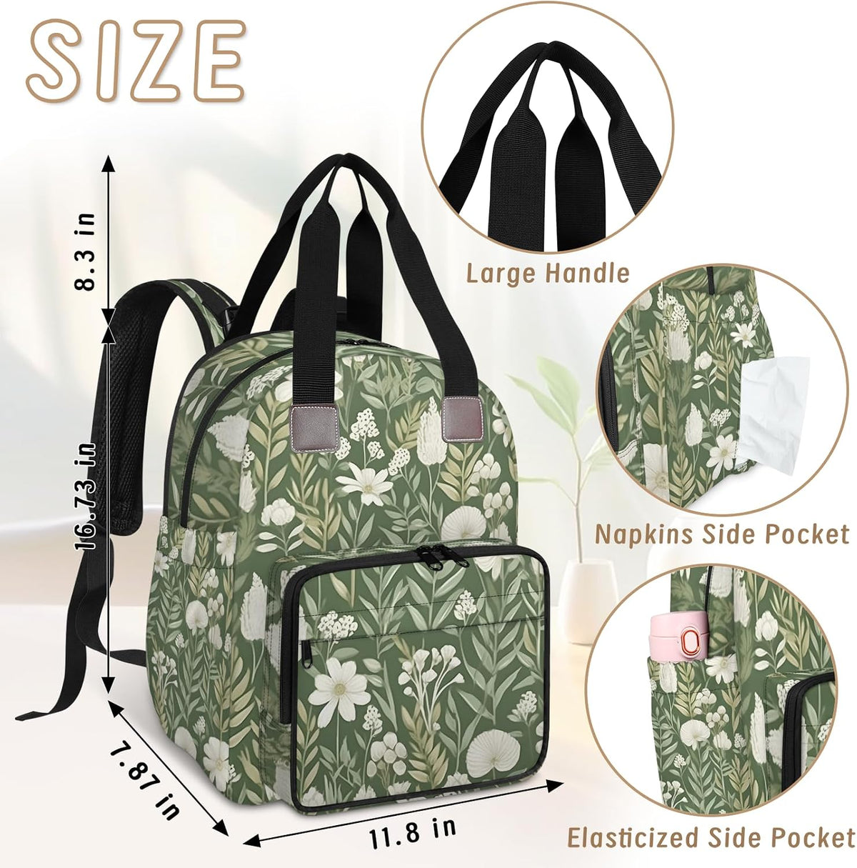 Flowers Leaf Green Diaper Bag Backpack for Travel, Waterproof Diaper Bag with Insulated Bottle Pockets & USB Port, Large Capacity Baby Bag for Moms & Dads