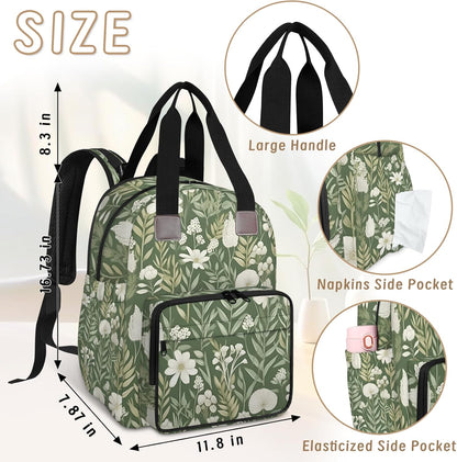 Flowers Leaf Green Diaper Bag Backpack for Travel, Waterproof Diaper Bag with Insulated Bottle Pockets & USB Port, Large Capacity Baby Bag for Moms & Dads