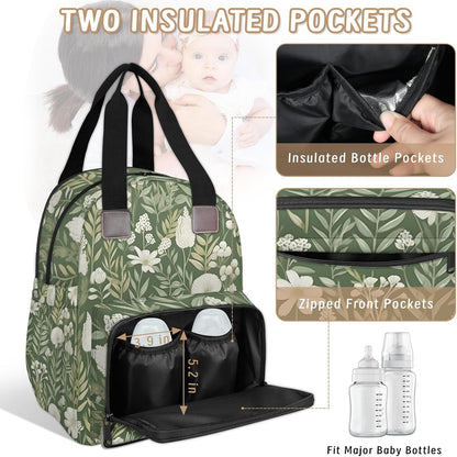 Flowers Leaf Green Diaper Bag Backpack for Travel, Waterproof Diaper Bag with Insulated Bottle Pockets & USB Port, Large Capacity Baby Bag for Moms & Dads