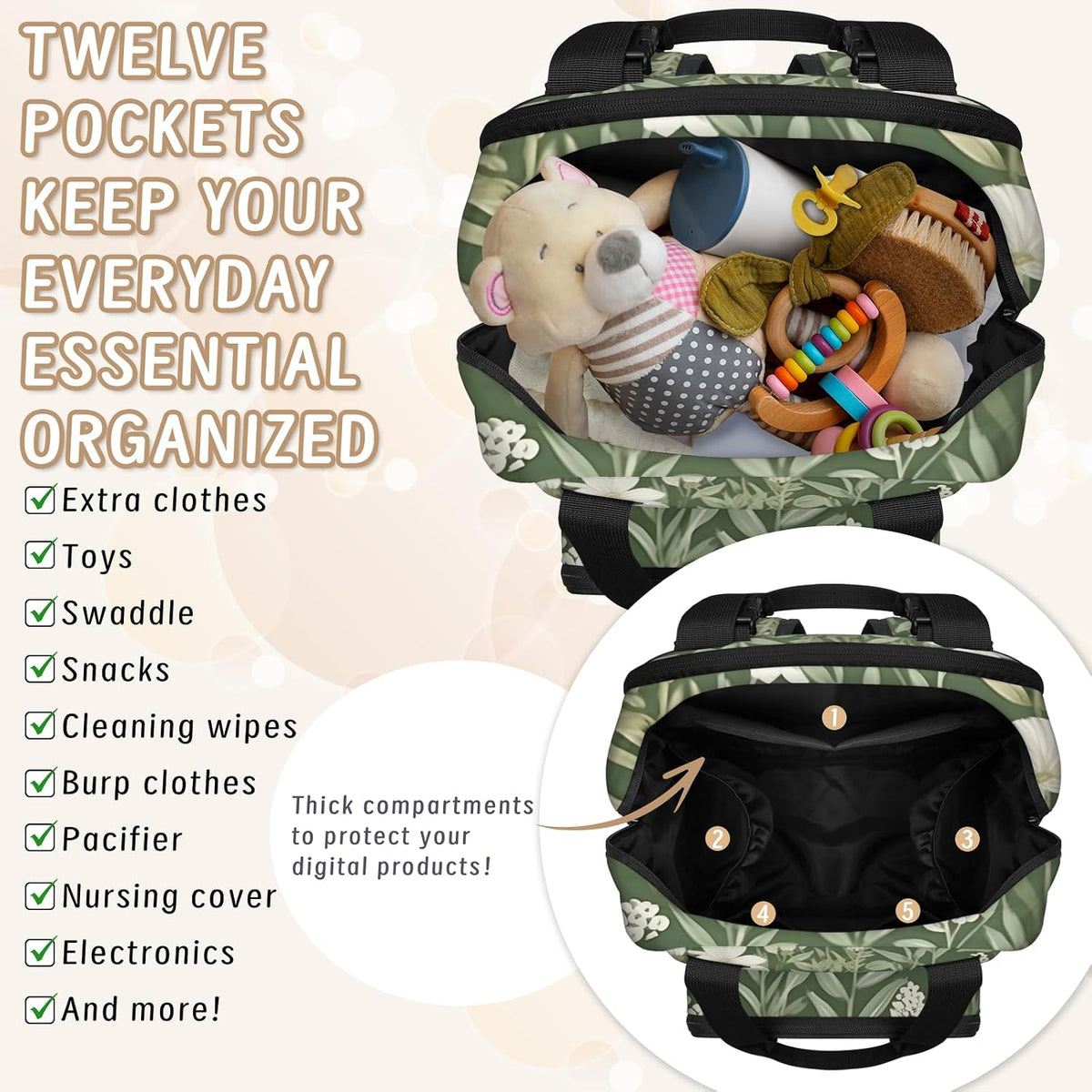 Flowers Leaf Green Diaper Bag Backpack for Travel, Waterproof Diaper Bag with Insulated Bottle Pockets & USB Port, Large Capacity Baby Bag for Moms & Dads